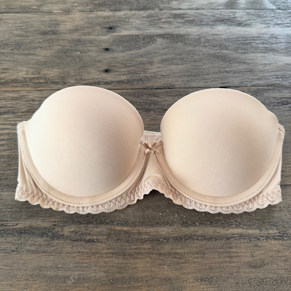 Aerie 30C Strapless Bra Beige Nude Lace Trim Molded Cup Underwire Multi-way